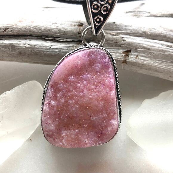 925 Sterling Pink Druzy Quartz Pendant